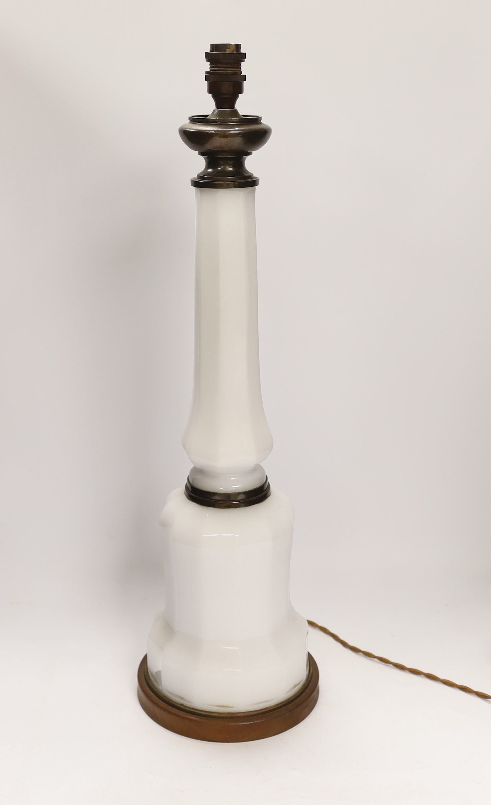 A tall opaline glass table 'Heiberg' lamp base, 60cm high including light fitting